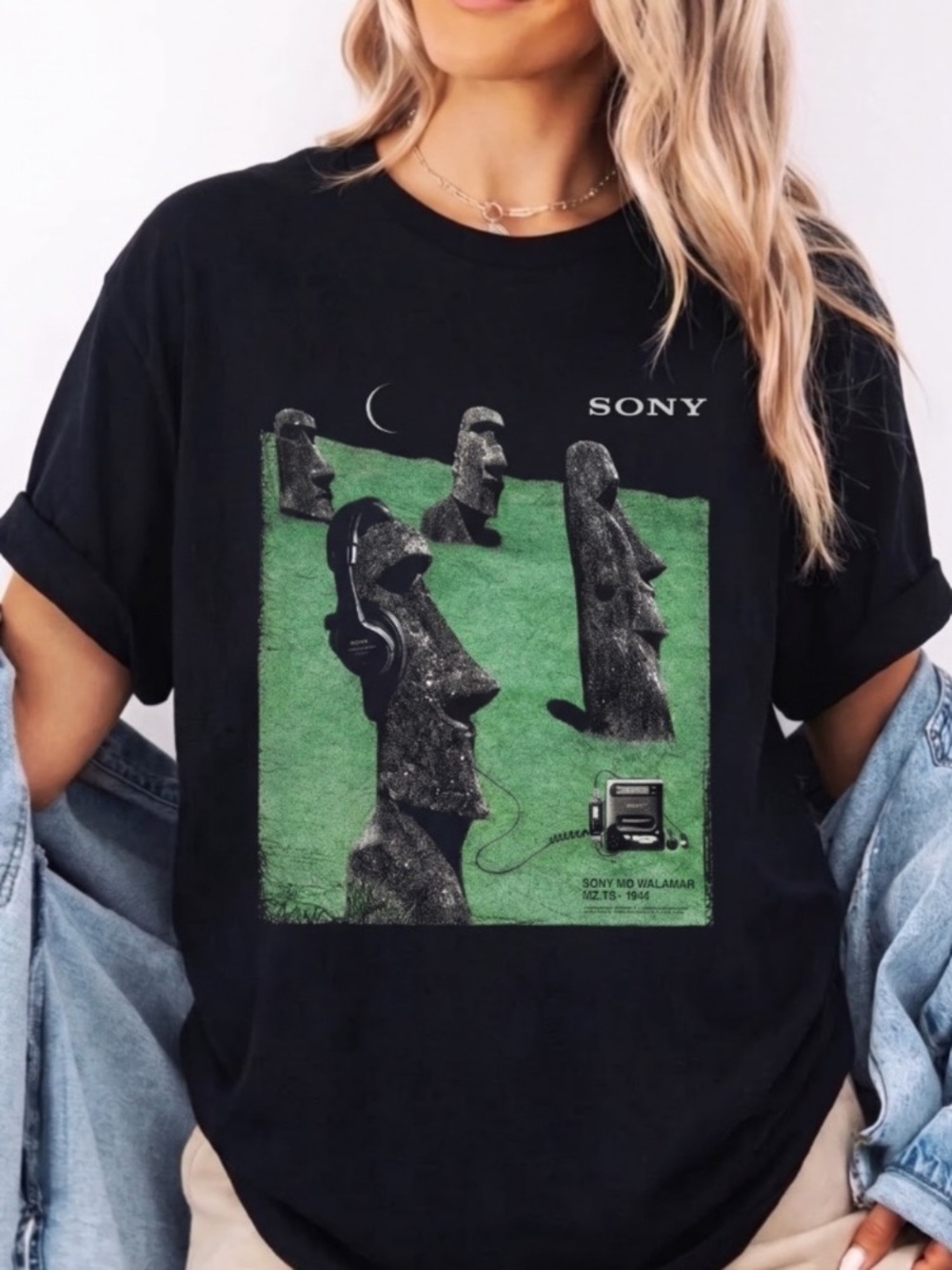 Black Tee with Green Moai Graphic and Sony Accents